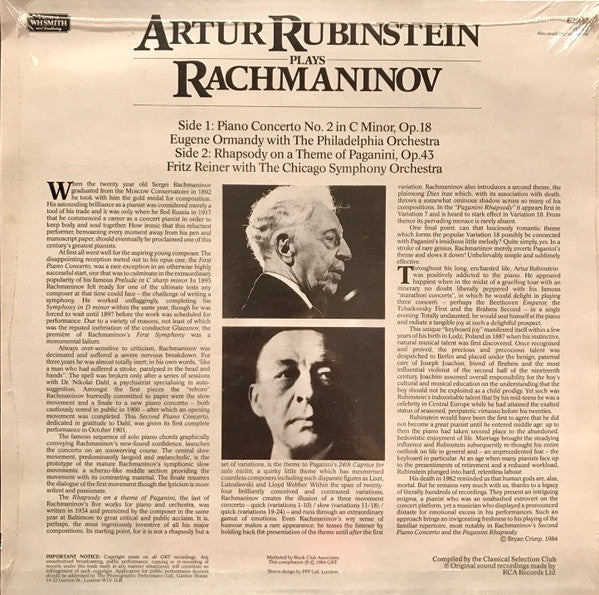 Arthur Rubinstein Plays Sergei Vasilyevich Rachmaninoff, Eugene Ormandy With The Philadelphia Orchestra, Fritz Reiner With Chicago Symphony Orchestra : Piano Concerto No. 2 And Rhapsody On A Theme Of Paganini (LP, Comp)