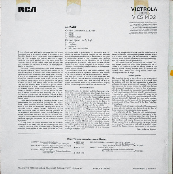 Wolfgang Amadeus Mozart – Benny Goodman : Charles Munch : Boston Symphony Orchestra : Clarinet Concerto · Clarinet Quintet (LP, RE)
