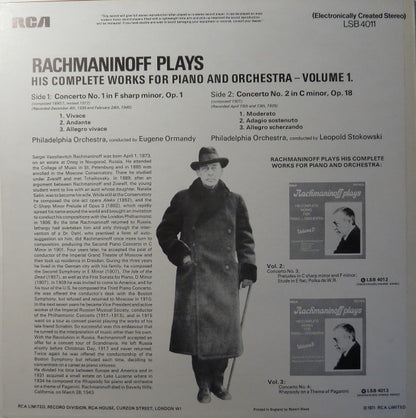 Sergei Rachmaninoff : Rachmaninoff Plays His Complete Works For Piano And Orchestra - Volume 1 (LP, Comp)