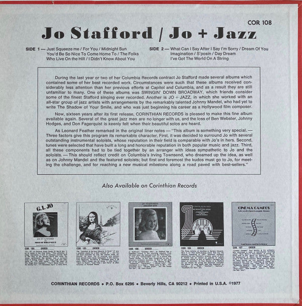 Jo Stafford : Jo + Jazz (LP, Album, RE)