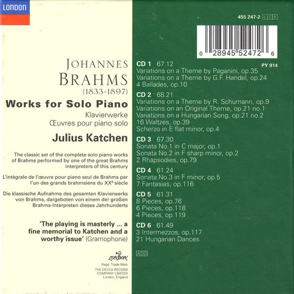 Johannes Brahms, Julius Katchen : Works For Solo Piano = Klavierwerke = Œuvres Pour Piano Solo  (6xCD, Comp, Mono, RE + Box)