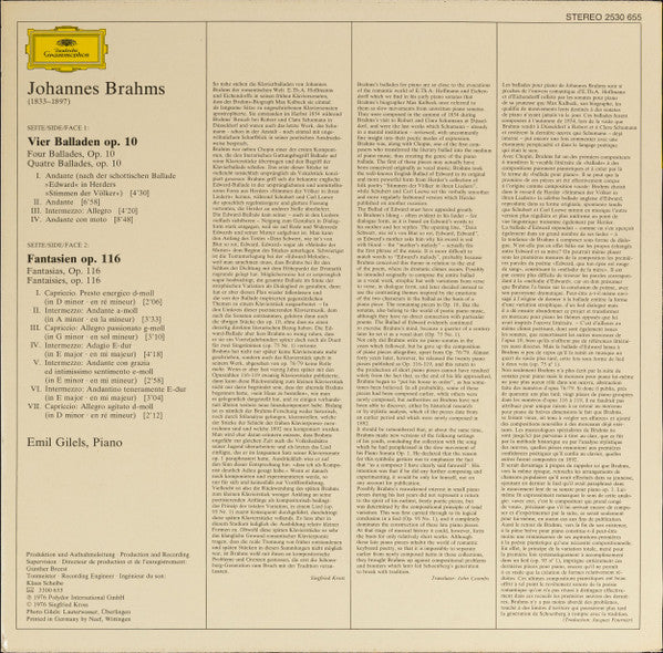 Johannes Brahms, Emil Gilels : Balladen Op. 10 / Fantasien Op. 116 (LP)