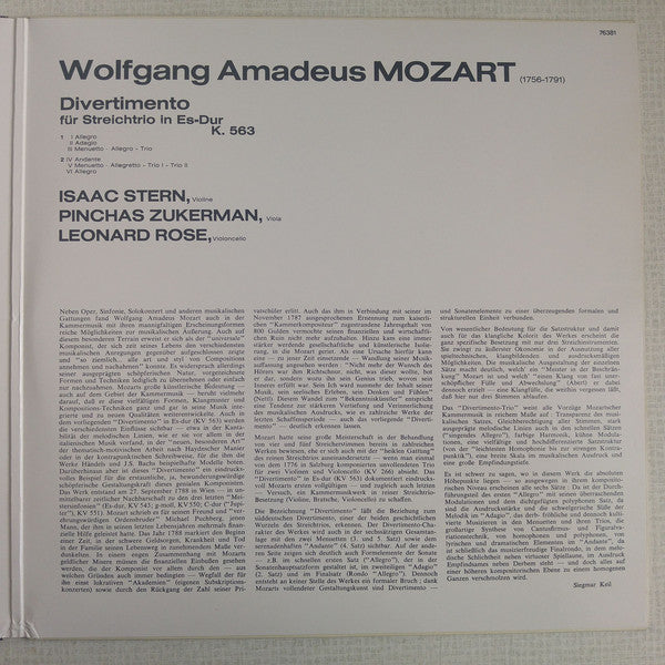 Wolfgang Amadeus Mozart, Isaac Stern, Pinchas Zukerman, Leonard Rose : Divertimento For String Trio In E-Flat, K. 563 (LP, Album, Gat)