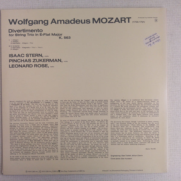 Wolfgang Amadeus Mozart, Isaac Stern, Pinchas Zukerman, Leonard Rose : Divertimento For String Trio In E-Flat, K. 563 (LP, Album, Gat)