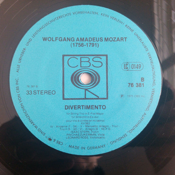 Wolfgang Amadeus Mozart, Isaac Stern, Pinchas Zukerman, Leonard Rose : Divertimento For String Trio In E-Flat, K. 563 (LP, Album, Gat)