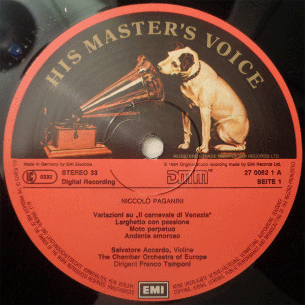 Niccolò Paganini - Salvatore Accardo, The Chamber Orchestra Of Europe, Franco Tamponi : Paganini Volume 1 (LP)