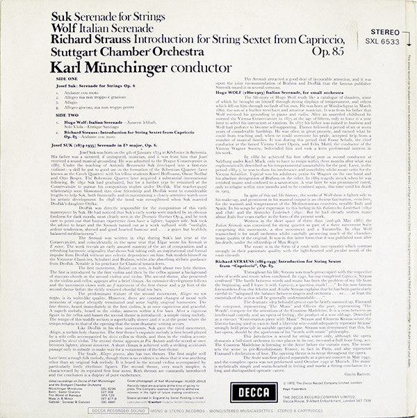 Karl Münchinger, Stuttgarter Kammerorchester, Josef Suk (2), Hugo Wolf, Richard Strauss : Serenade For Strings · Italian Serenade · Introduction For String Sextet From Capriccio, Op. 85 (LP)