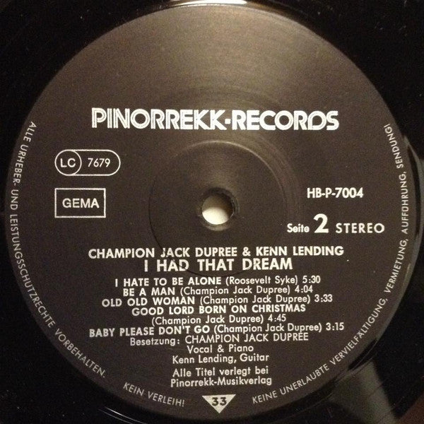 Champion Jack Dupree & Kenn Lending : I Had That Dream (LP, Album)