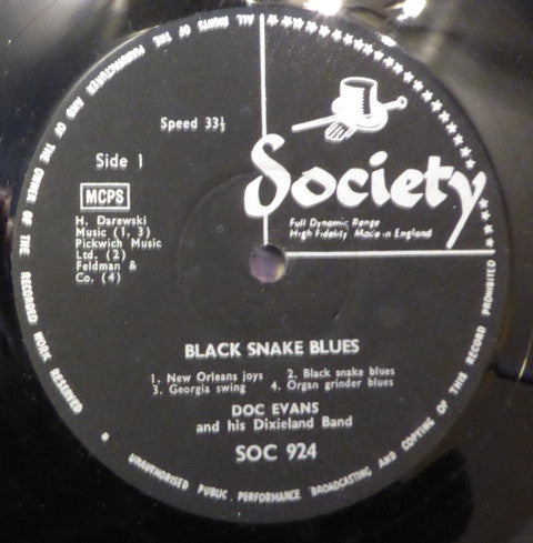 Doc Evans And His Dixieland Band : Black Snake Blues (LP, Album)