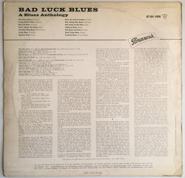 Various : Bad Luck Blues (A Blues Anthology) (LP, Comp, Mono)