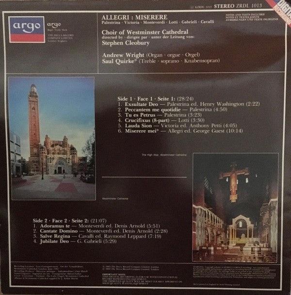 Gregorio Allegri - Westminster Cathedral Choir, Stephen Cleobury : Miserere (LP, Dig)