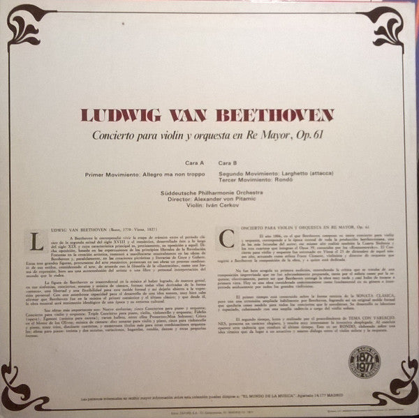 Ludwig van Beethoven / Süddeutsche Philharmonie Dir., Alexander Von Pitamic : Concierto Para Violin Y Orquesta En Re Mayor, Op. 61 (LP, Album)