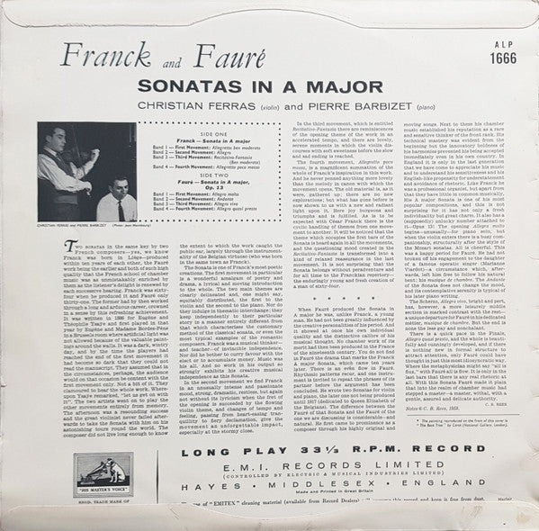 Gabriel Fauré and César Franck with Christian Ferras and Pierre Barbizet : Sonatas In A Major (LP, Mono)