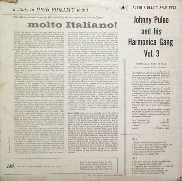 Johnny Puleo And His Harmonica Gang : Molto Italiano! Johnny Puleo And His Harmonica Gang - Vol. 3 (LP, Album, Mono)