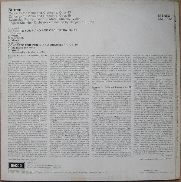 Benjamin Britten, Sviatoslav Richter, Mark Lubotsky, English Chamber Orchestra : Piano Concerto / Violin Concerto (LP)
