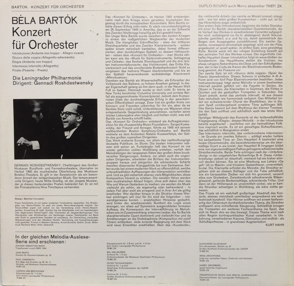 Béla Bartók - Leningrad Philharmonic Orchestra, Gennadi Rozhdestvensky : Konzert Für Orchester (LP)