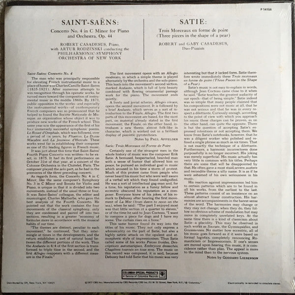 Camille Saint-Saëns, Erik Satie, Robert Casadesus, Artur Rodzinski, Philharmonic-Symphony Orchestra Of New York / Robert Casadesus & Gaby Casadesus : Concerto No. 4 In C Minor For Piano And Orchestra / Trois Morceaux En Forme De Poire (Three Pieces In The Shape Of A Pear) (LP, Album, RE)