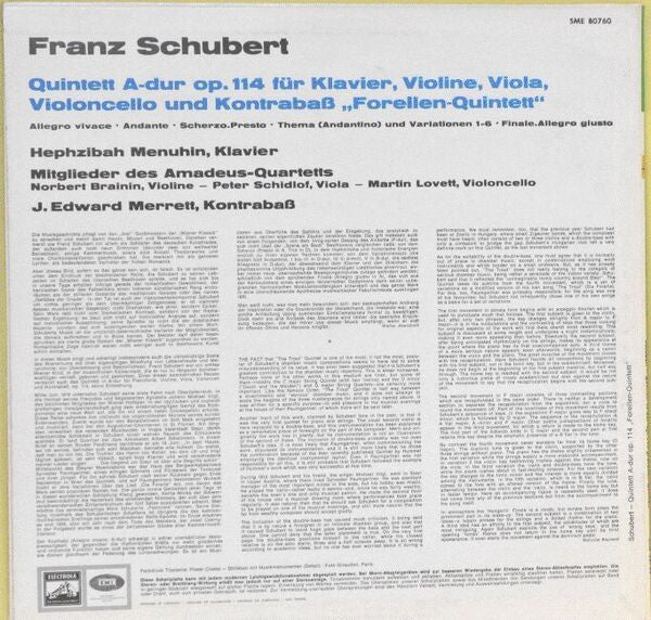 Franz Schubert / Hephzibah Menuhin / Amadeus-Quartett : Quintett A-Dur, Op. 114 Fur Klavier, Violine, Viola, Violoncello Und Kontrabass "Forellen-Quintet" (LP, RE)