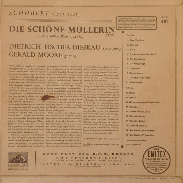 Franz Schubert - Dietrich Fischer-Dieskau, Gerald Moore : Die Schöne Müllerin (LP, RE, Sem)