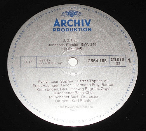 Johann Sebastian Bach, Evelyn Lear, Hertha Töpper, Ernst Haefliger, Hermann Prey, Kieth Engen, Münchener Bach-Chor, Münchener Bach-Orchester, Karl Richter : Johannes-Passion BWV 245 (3xLP + Box)