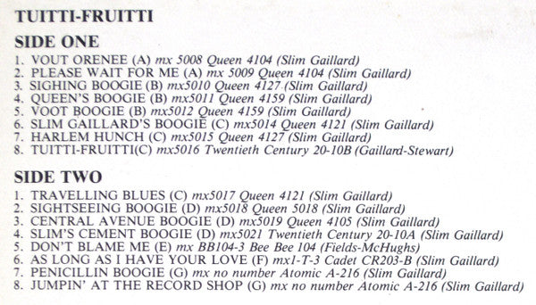 Slim Gaillard : Tuitti Fruitti (LP, Album, Comp)