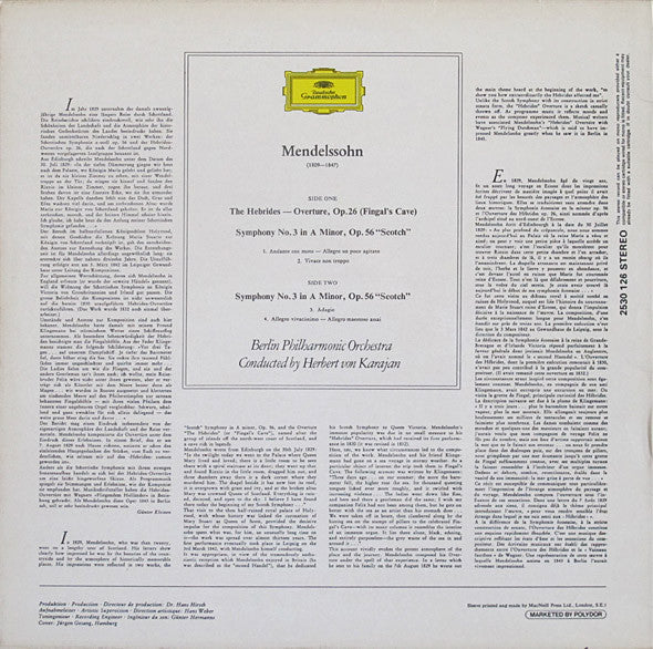 Felix Mendelssohn-Bartholdy – Berliner Philharmoniker ∙ Herbert Von Karajan : The Hebrides—Overture · Symphony No.3 “Scotch” (LP, RP)