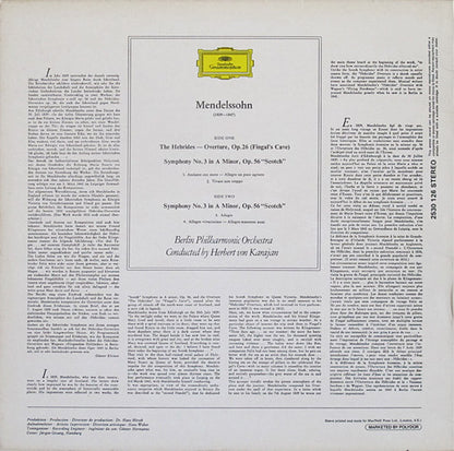 Felix Mendelssohn-Bartholdy – Berliner Philharmoniker ∙ Herbert Von Karajan : The Hebrides—Overture · Symphony No.3 “Scotch” (LP, RP)