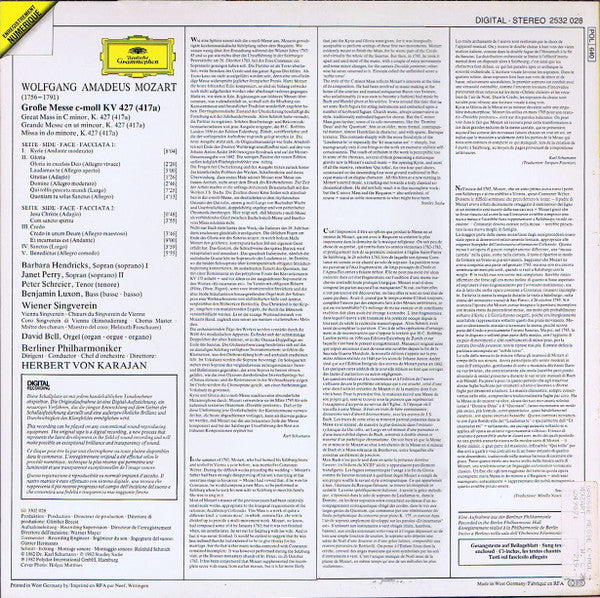 Wolfgang Amadeus Mozart - Barbara Hendricks • Janet Perry • Peter Schreier • Benjamin Luxon, Wiener Singverein • Berliner Philharmoniker, Herbert von Karajan : Grosse Messe C-moll = Great Mass In C Minor, K. 427 (LP)