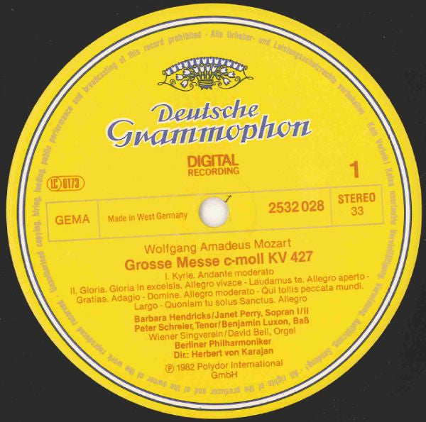 Wolfgang Amadeus Mozart - Barbara Hendricks • Janet Perry • Peter Schreier • Benjamin Luxon, Wiener Singverein • Berliner Philharmoniker, Herbert von Karajan : Grosse Messe C-moll = Great Mass In C Minor, K. 427 (LP)