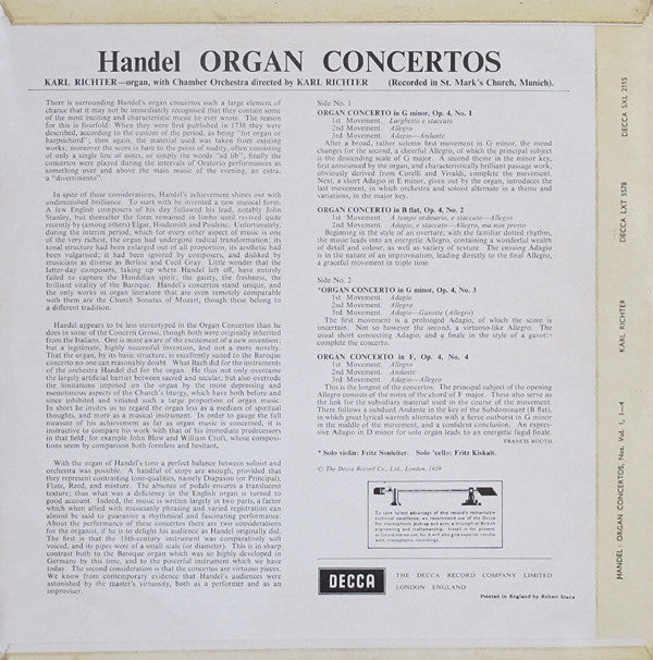 Georg Friedrich Händel, Karl Richter With Karl Richter Und Sein Kammerorchester : Organ Concertos Vol. 1 Nos. 1 2 3 4 (LP, RP)