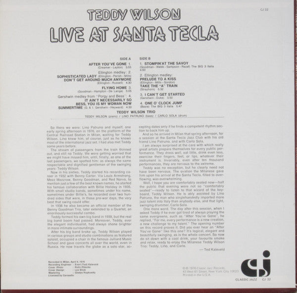 Teddy Wilson : Live At Santa Tecla (LP, Album)