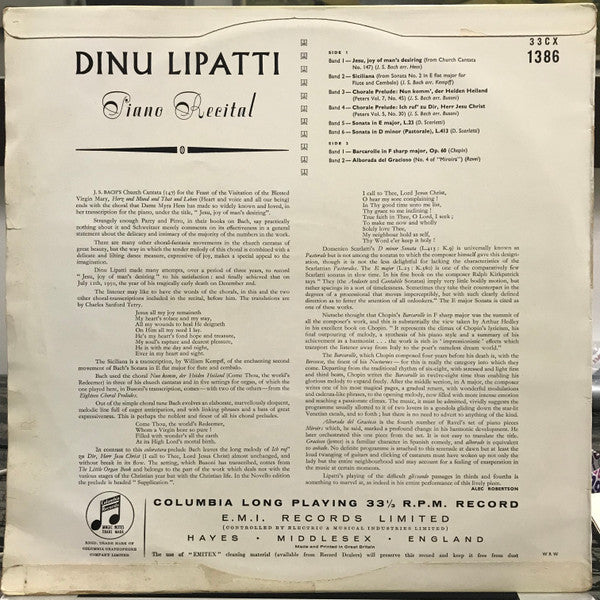 Dinu Lipatti : Piano Recital: Bach, Scarlatti, Chopin, Ravel (LP, Mono)