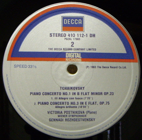 Pyotr Ilyich Tchaikovsky - Victoria Postnikova, Wiener Symphoniker, Gennadi Rozhdestvensky : Piano Concertos Nos. 1 & 3 (LP)