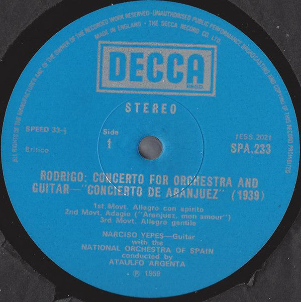 Joaquín Rodrigo ; Narciso Yepes, Orquesta Nacional de España, Ataúlfo Argenta ; Rafael Frühbeck de Burgos : Guitar Concerto / Fantasía Para Un Gentilhombre (LP, Sil)