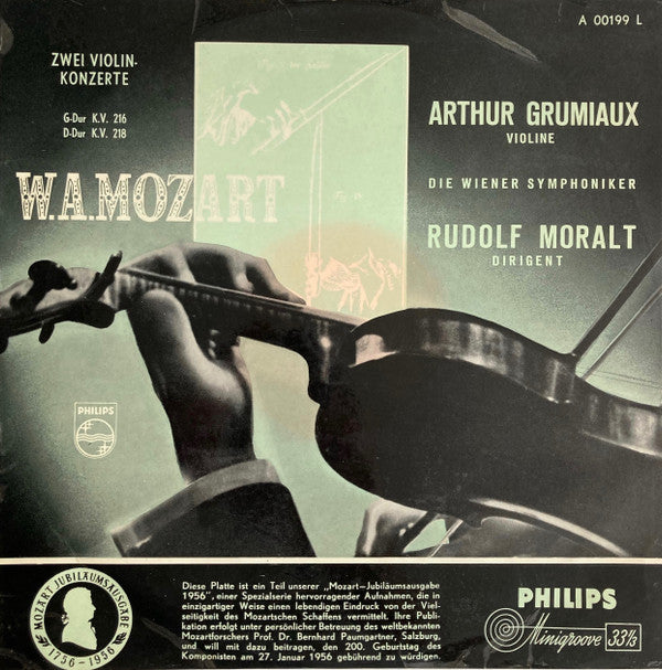 Wolfgang Amadeus Mozart — Arthur Grumiaux, Rudolf Moralt, Wiener Symphoniker : Two Concertos For Violin And Orchestra - G Major K.V. 216, D Major K.V. 218 (LP, Mono)