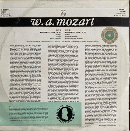 Wolfgang Amadeus Mozart — Arthur Grumiaux, Rudolf Moralt, Wiener Symphoniker : Two Concertos For Violin And Orchestra - G Major K.V. 216, D Major K.V. 218 (LP, Mono)