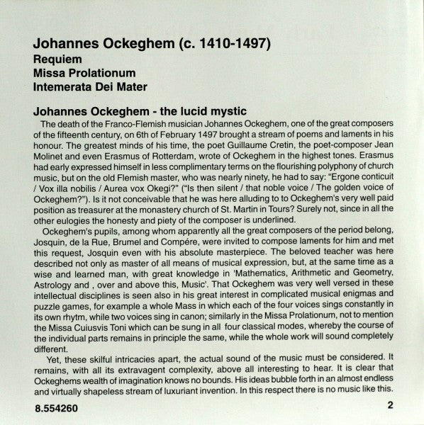 Johannes Ockeghem - Musica Ficta, Bo Holten : Requiem / Missa Prolationum / Intemerata Dei Mater (CD)