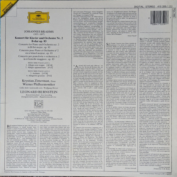 Johannes Brahms • Krystian Zimerman • Wiener Philharmoniker • Leonard Bernstein : Klavierkonzert No. 2 (LP)