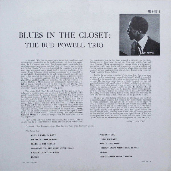 The Bud Powell Trio : Blues In The Closet (LP, Album, Mono)