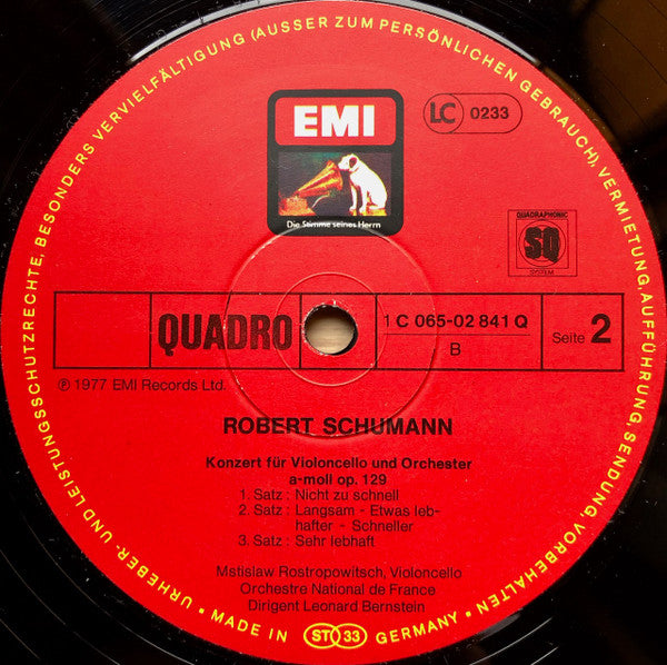 Mstislav Rostropovich, Leonard Bernstein, Robert Schumann, Ernest Bloch, Orchestre National De France : Schuman : Cellokonzert - Bloch : Schelomo (LP, Quad)