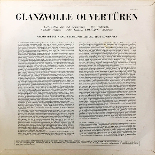 Albert Lortzing / Luigi Cherubini / Carl Maria von Weber — Orchester Der Wiener Staatsoper / Hans Swarowsky : Glanzvolle Ouvertüren: Zar Und Zimmermann / Der Wildschütz / Anakreon / Preziosa / Peter Schmoll; (LP)