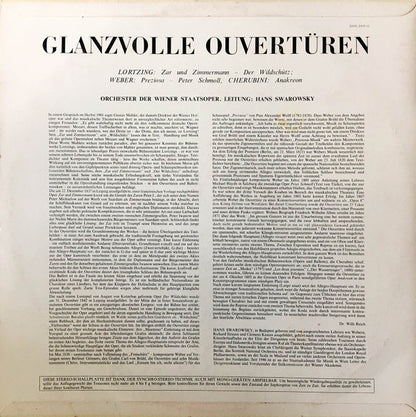 Albert Lortzing / Luigi Cherubini / Carl Maria von Weber — Orchester Der Wiener Staatsoper / Hans Swarowsky : Glanzvolle Ouvertüren: Zar Und Zimmermann / Der Wildschütz / Anakreon / Preziosa / Peter Schmoll; (LP)