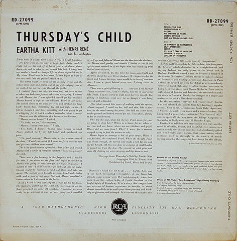 Eartha Kitt With Henri René And His Orchestra : Thursday's Child (LP, Album, Mono, RE)