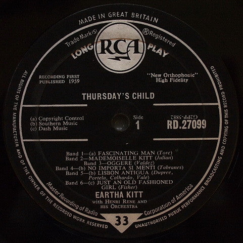 Eartha Kitt With Henri René And His Orchestra : Thursday's Child (LP, Album, Mono, RE)