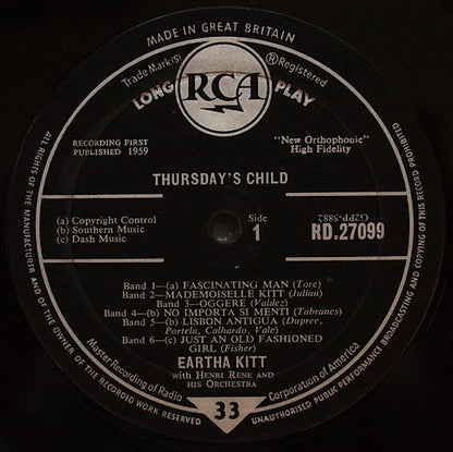 Eartha Kitt With Henri René And His Orchestra : Thursday's Child (LP, Album, Mono, RE)
