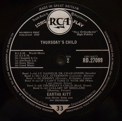 Eartha Kitt With Henri René And His Orchestra : Thursday's Child (LP, Album, Mono, RE)
