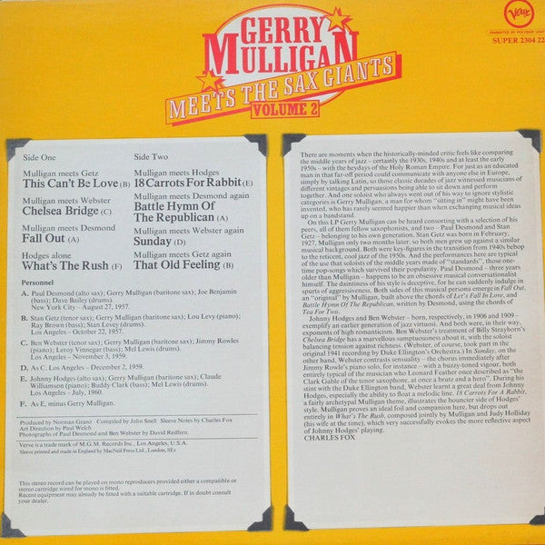 Gerry Mulligan : Meets The Sax Giants Volume 2 (LP, Comp)