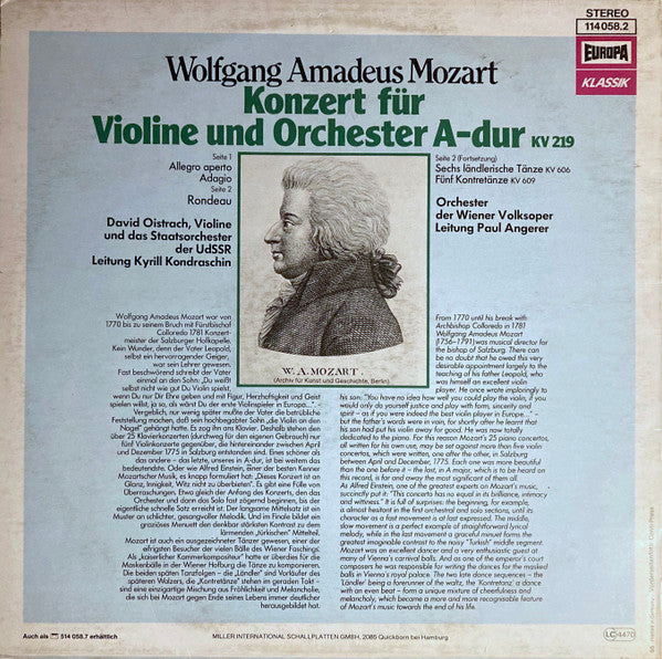 Wolfgang Amadeus Mozart, David Oistrach : David Oistrach In Memoriam - Konzert Für Violine Und Orchester A-dur KV 219 (LP, Comp, RE)