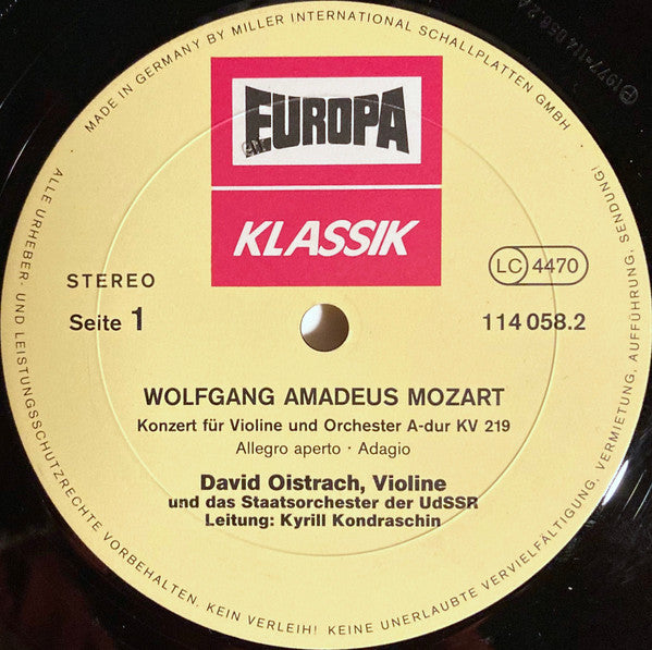 Wolfgang Amadeus Mozart, David Oistrach : David Oistrach In Memoriam - Konzert Für Violine Und Orchester A-dur KV 219 (LP, Comp, RE)