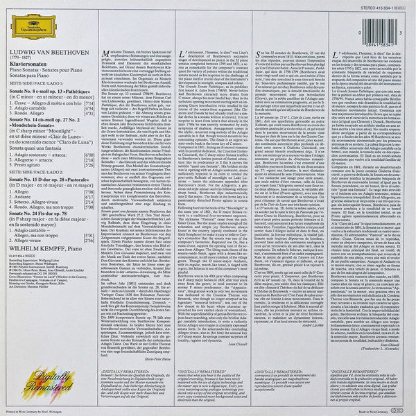 Ludwig van Beethoven • Wilhelm Kempff : Piano Sonatas (No. 8 "Pathétique" / No. 14 "Moonlight" / No. 15 "Pastoral" / No. 24) (LP, Comp, RE, RM)